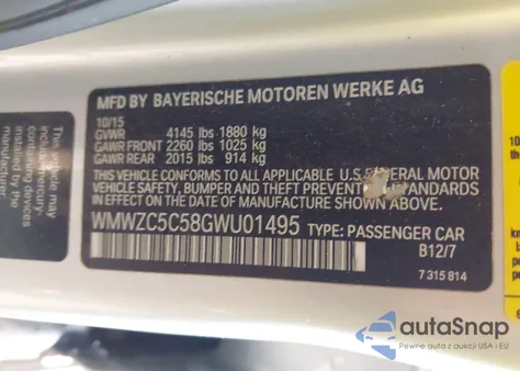 2016 Mini Cooper Cooper S из США, поврежденный, VIN WMWZC5C58GWU01495